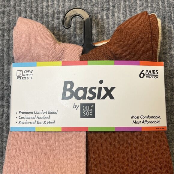 Basix by Odd Socks 6 Pairs Pack Socks Men Size 8-12 (M) Crew Brown/Red/Tan/Pink - Picture 2 of 6